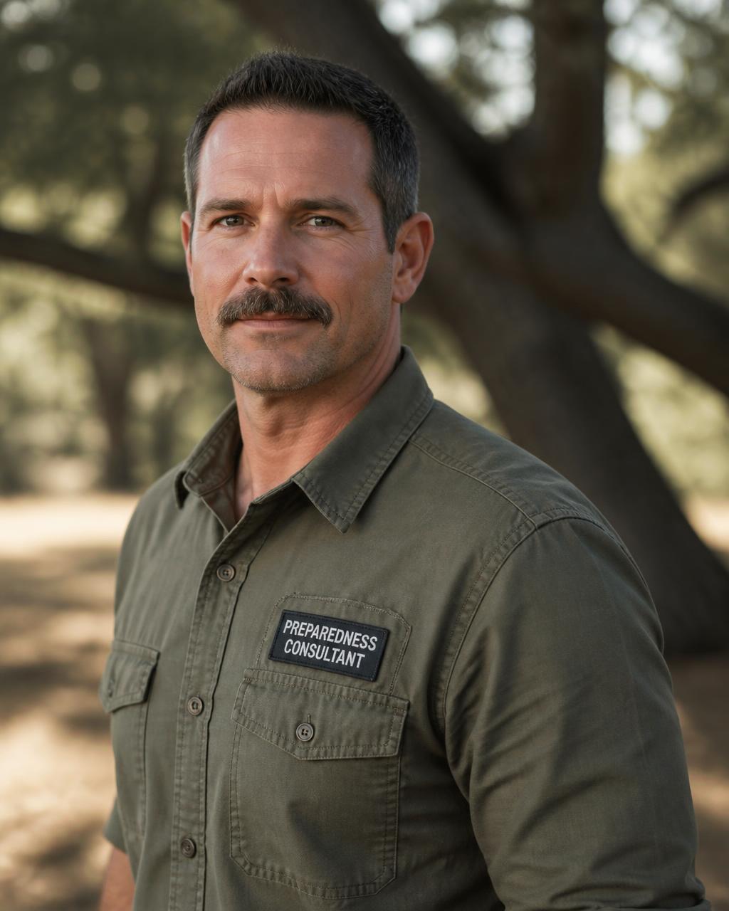 SOAR founder, a career firefighter and preparedness consultant, standing beneath oak trees
